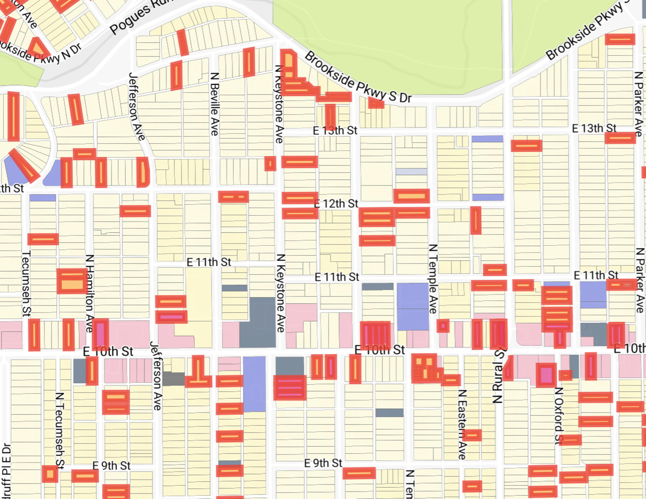 Land use by parcel in the Indy East Economic Mobility Zone. Vacant parcels are outlined in red. To view map layers in greater detail, including the displacement risk layers, please see the link at the bottom of this blog post.